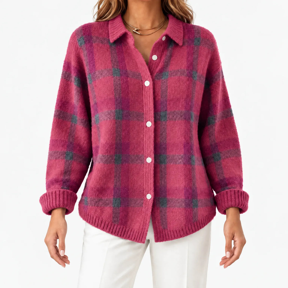 Women's checked knit cardigan with collared neckline and button front