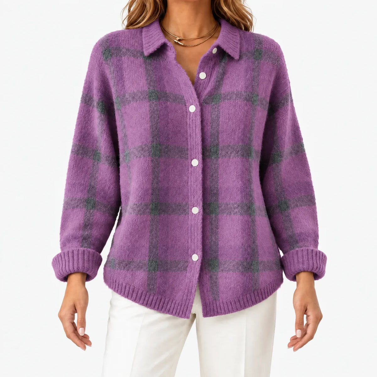 Women's checked knit cardigan with collared neckline and button front