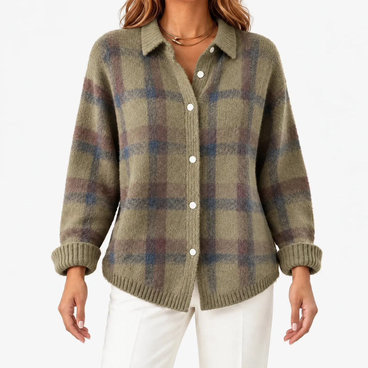 Women's checked knit cardigan with collared neckline and button front