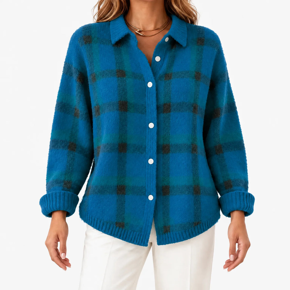 Women's checked knit cardigan with collared neckline and button front