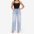 Women's light washed wide leg jeans with a mid-rise waist and five-pocket design