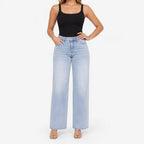 Women's light washed wide leg jeans with a mid-rise waist and five-pocket design