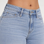Women's light washed wide leg jeans with a mid-rise waist and five-pocket design