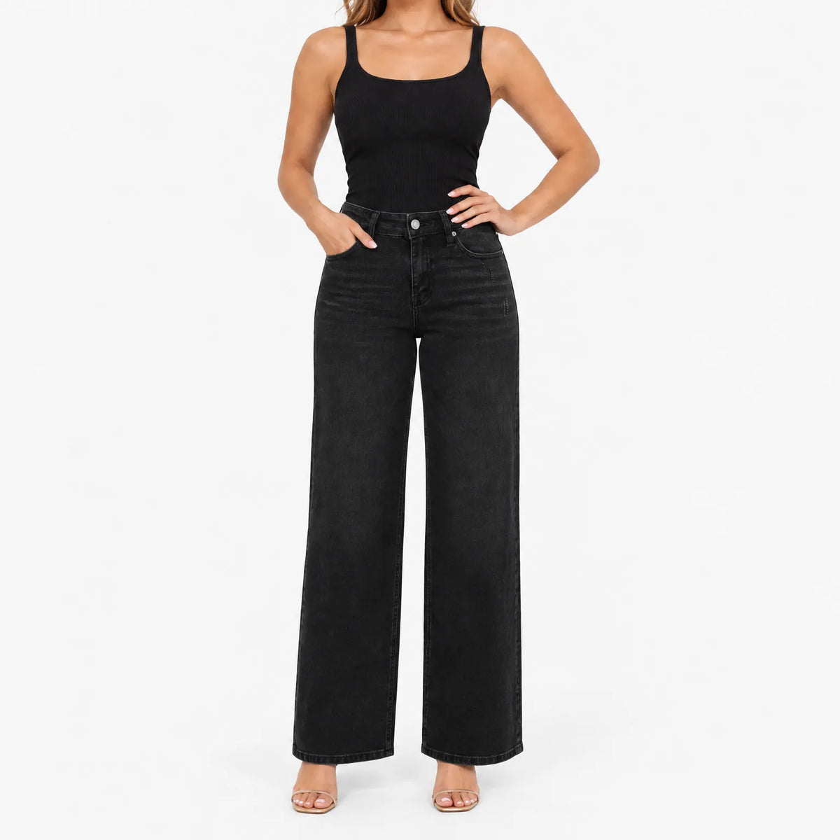 Women's light washed wide leg jeans with a mid-rise waist and five-pocket design