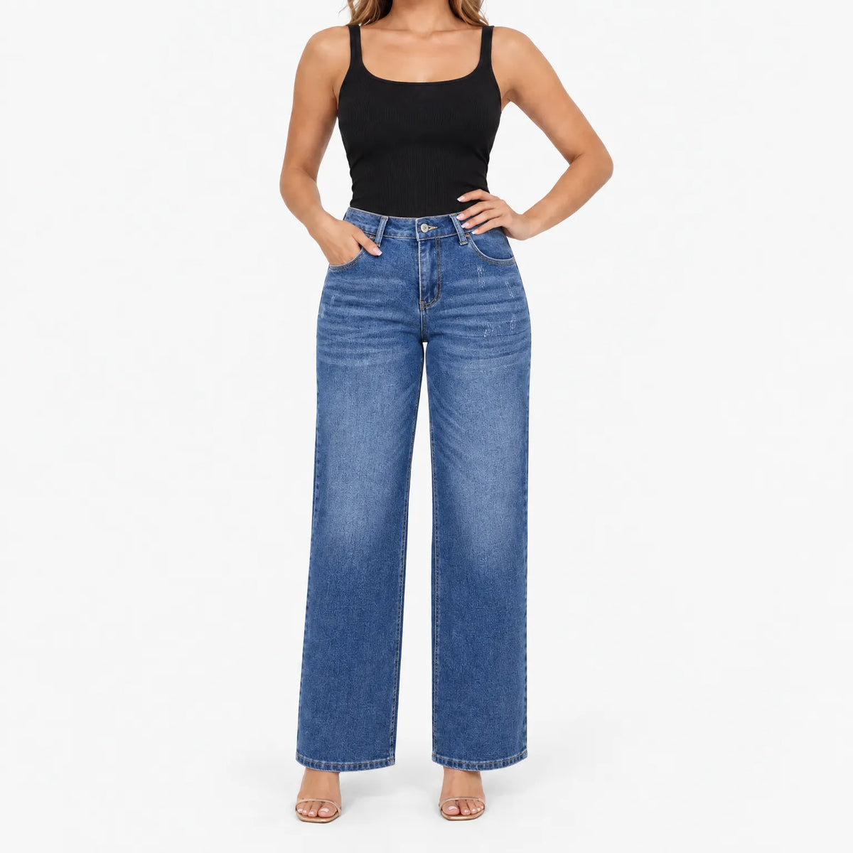 Women's light washed wide leg jeans with a mid-rise waist and five-pocket design