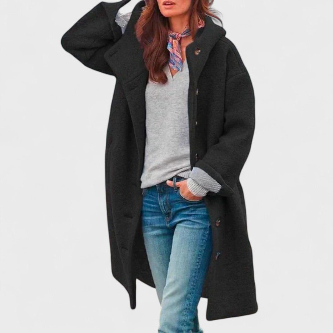 Women's long hooded coat with front buttons and large patch pockets