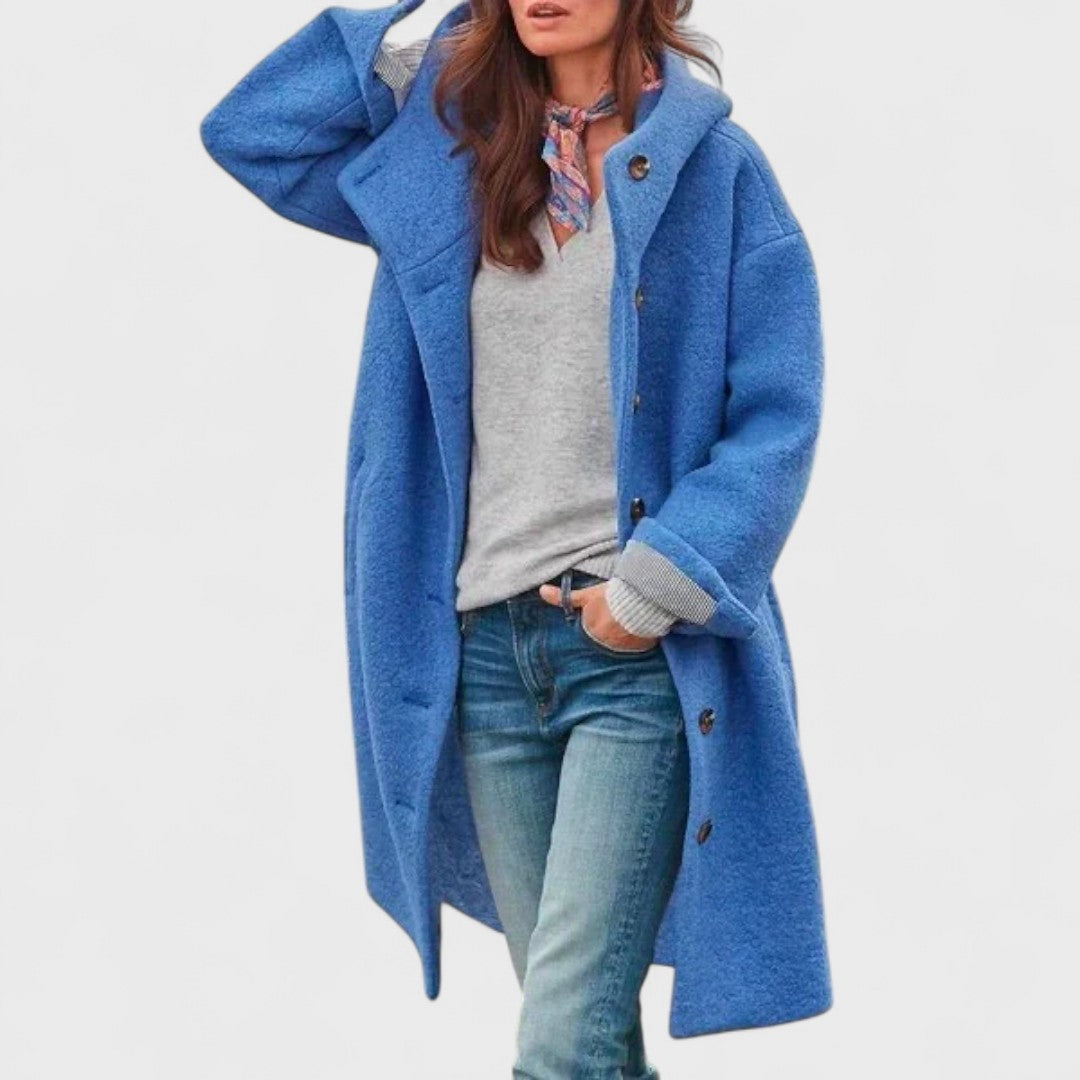 Women's long hooded coat with front buttons and large patch pockets