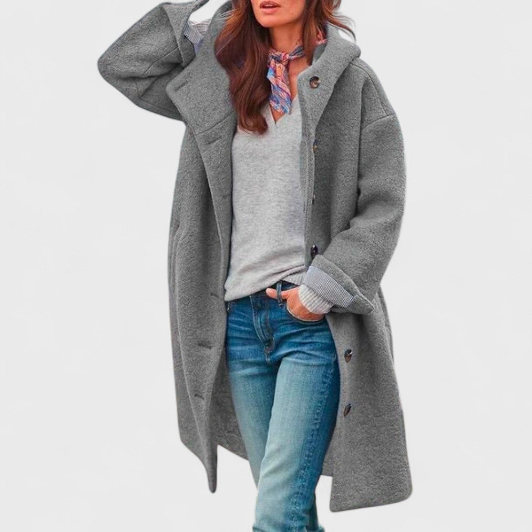 Women's long hooded coat with front buttons and large patch pockets