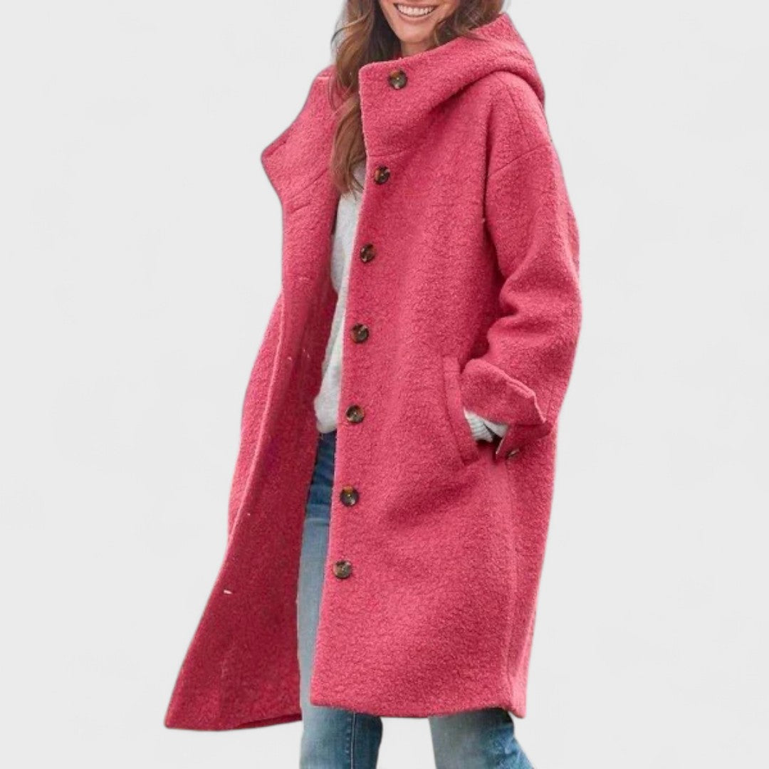 Women's long hooded coat with front buttons and large patch pockets