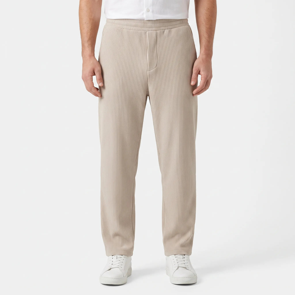 Men's textured pleated trousers with an elasticated waistband and straight legs
