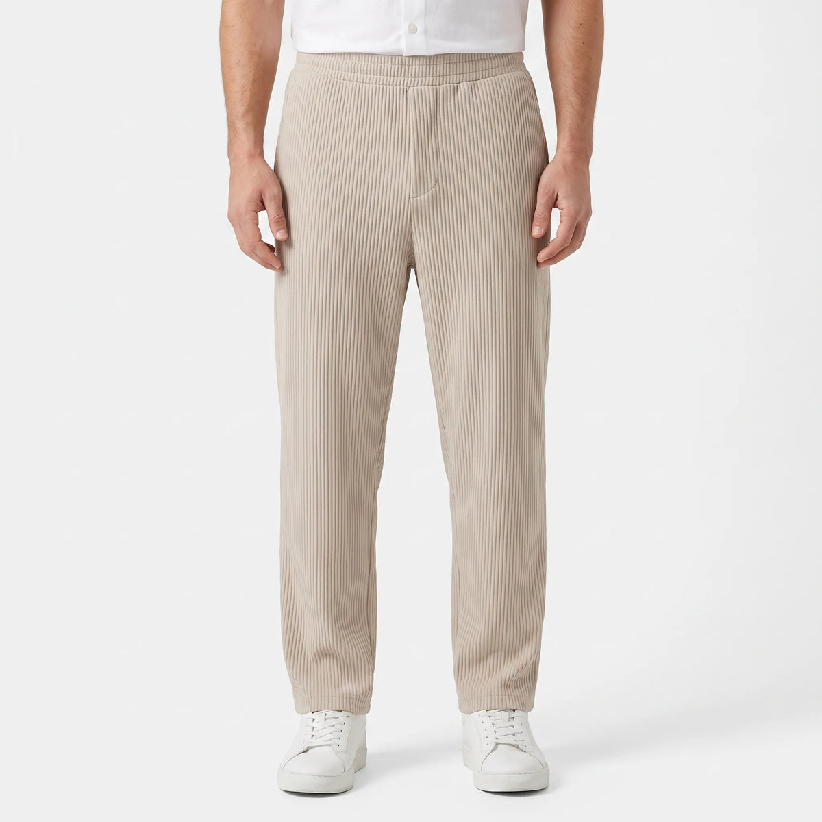 Men's textured pleated trousers with an elasticated waistband and straight legs