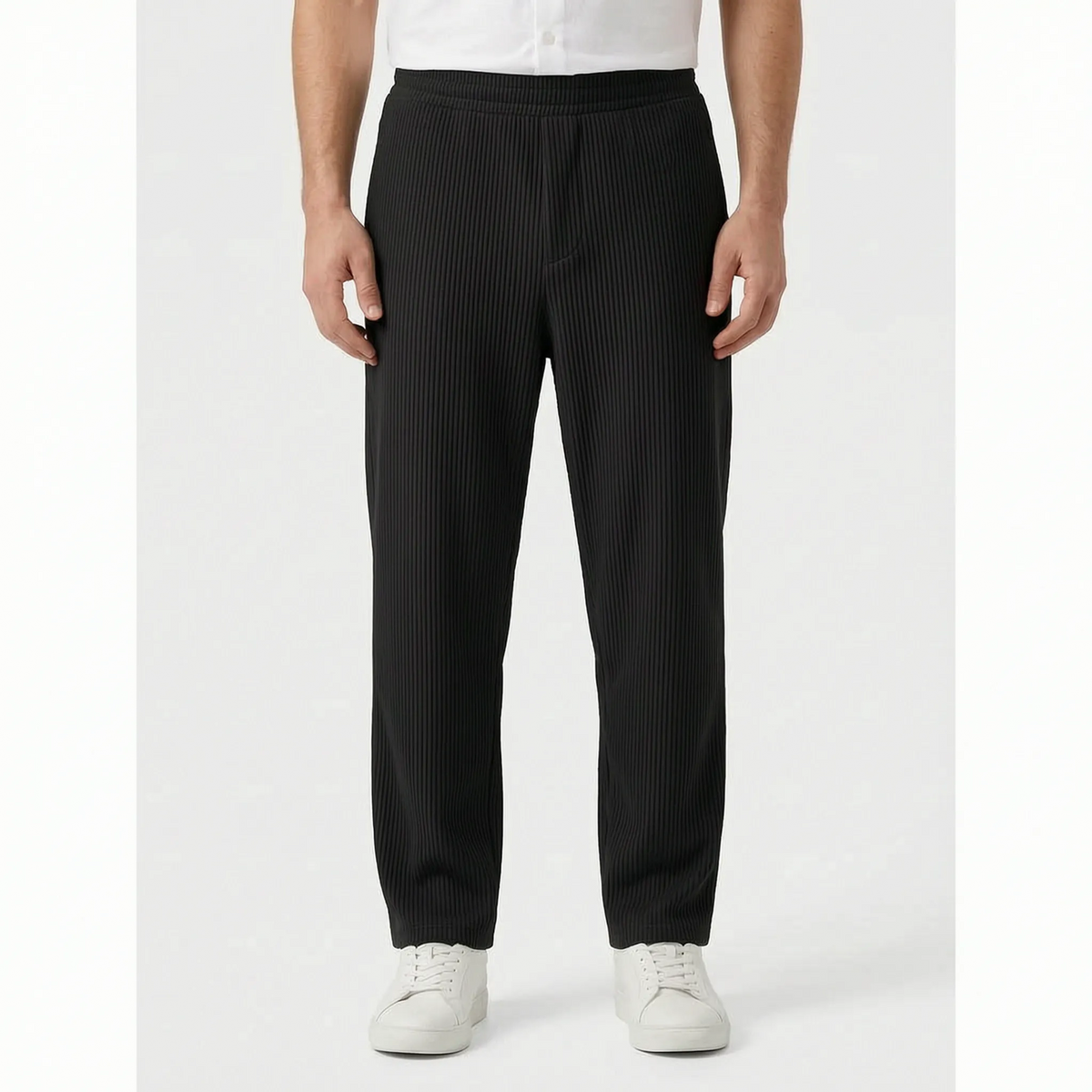 Men's textured pleated trousers with an elasticated waistband and straight legs