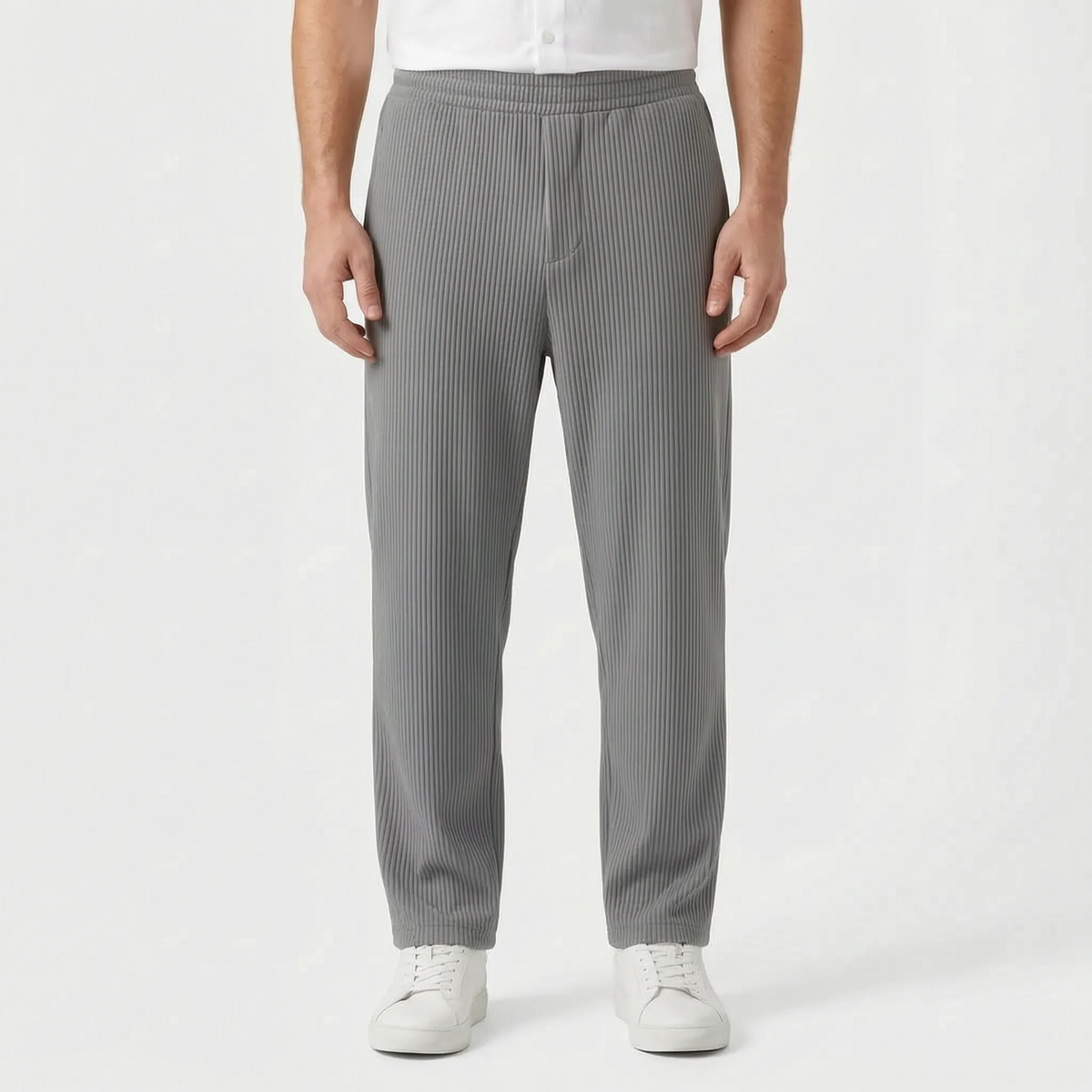 Men's textured pleated trousers with an elasticated waistband and straight legs