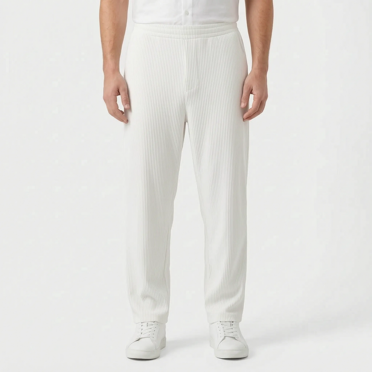 Men's textured pleated trousers with an elasticated waistband and straight legs
