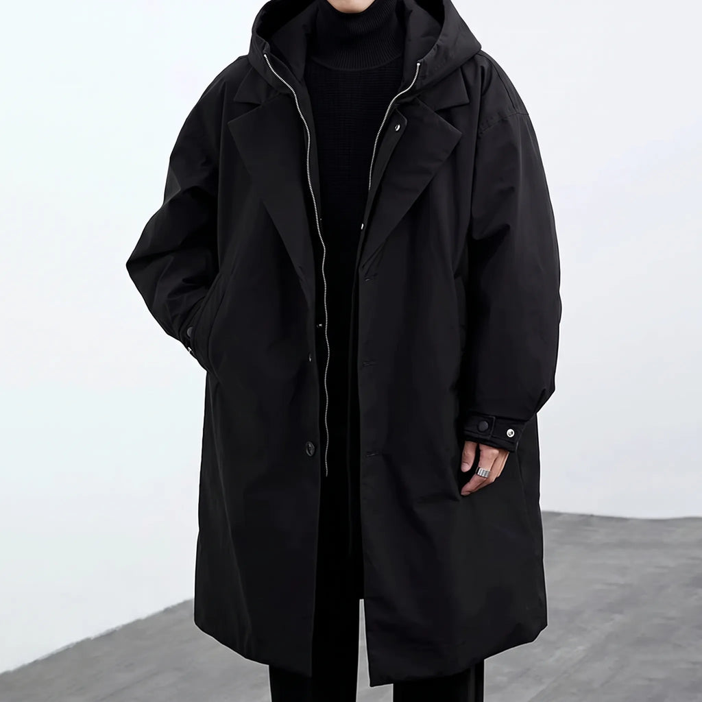 Men's long hooded coat with zip front, button placket and flap pockets