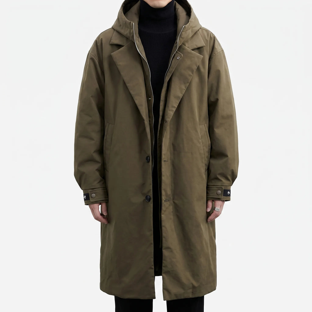 Men's long hooded coat with zip front, button placket and flap pockets