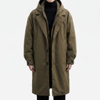 Men's long hooded coat with zip front, button placket and flap pockets