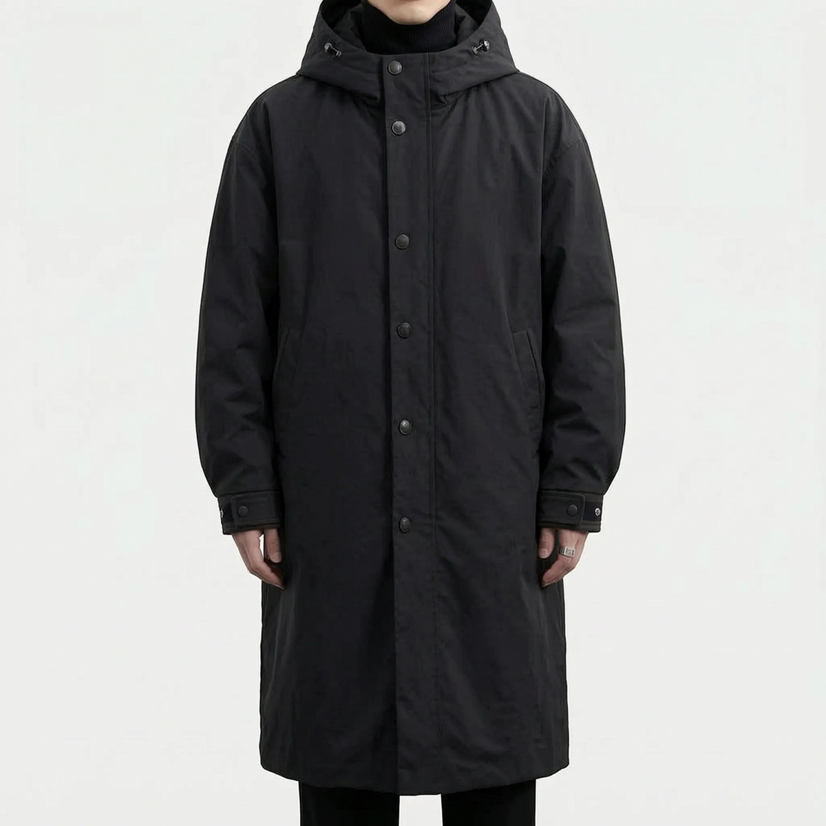 Men's long hooded coat with zip front, button placket and flap pockets
