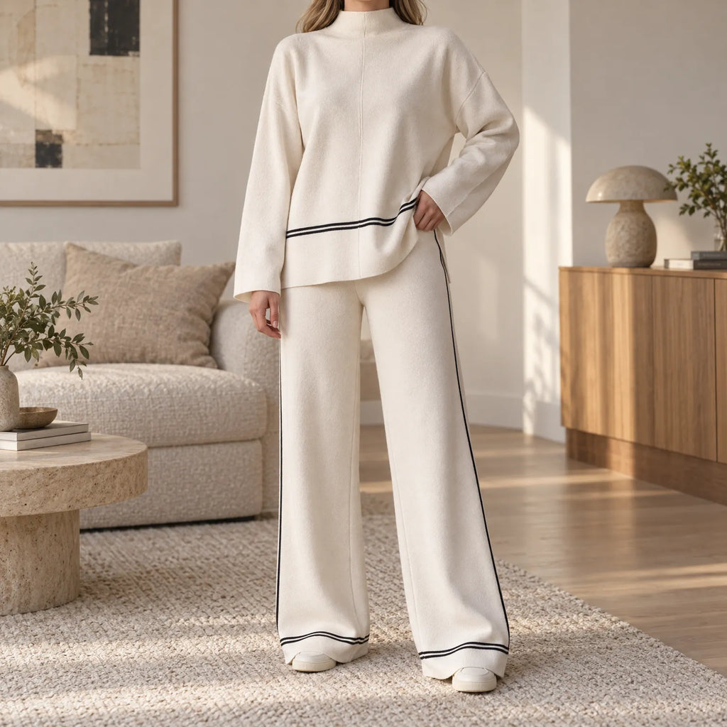Women's black and white striped mock neck co-ord set with wide-leg trousers