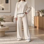 Women's black and white striped mock neck co-ord set with wide-leg trousers