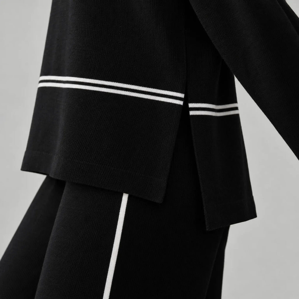 Women's black and white striped mock neck co-ord set with wide-leg trousers