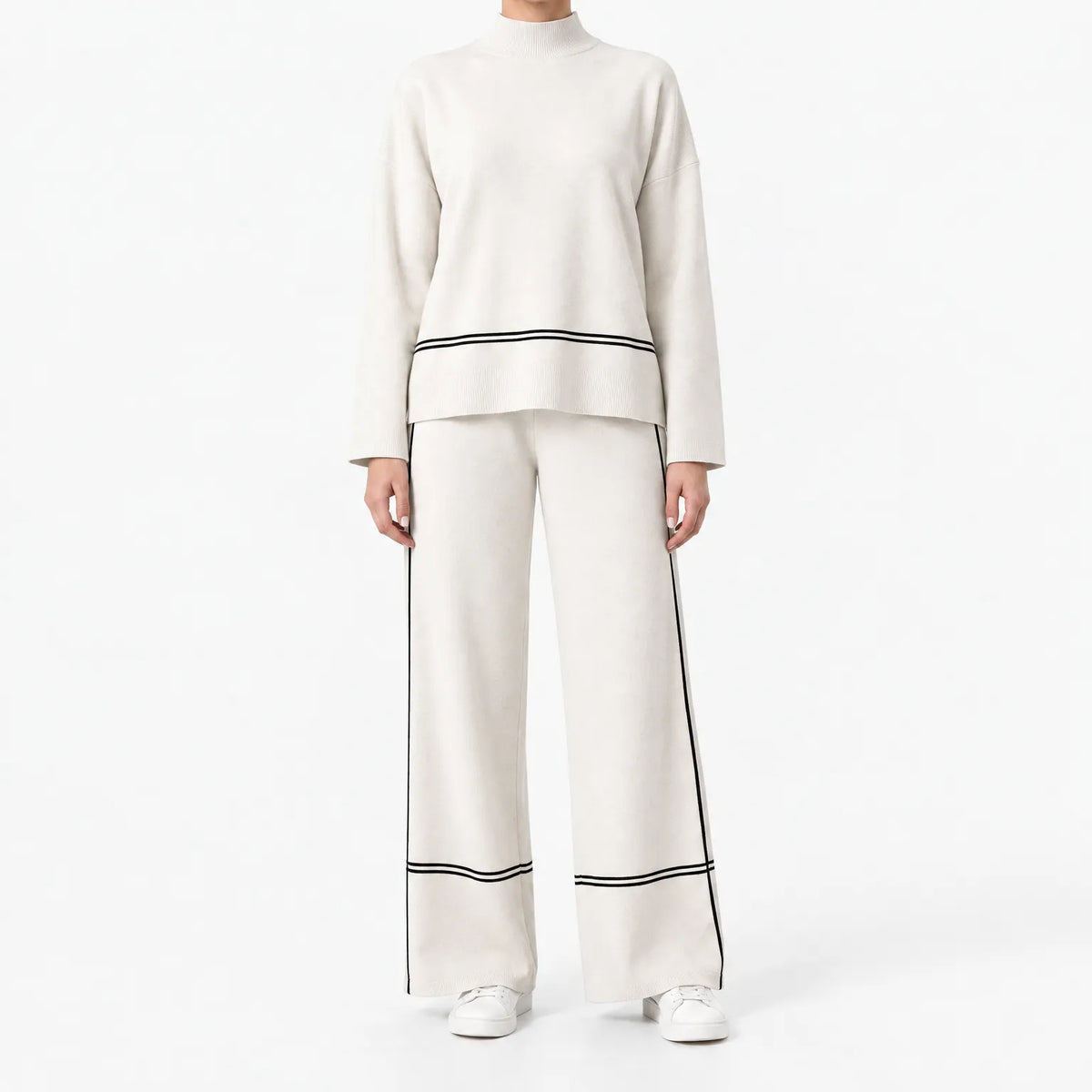 Women's black and white striped mock neck co-ord set with wide-leg trousers