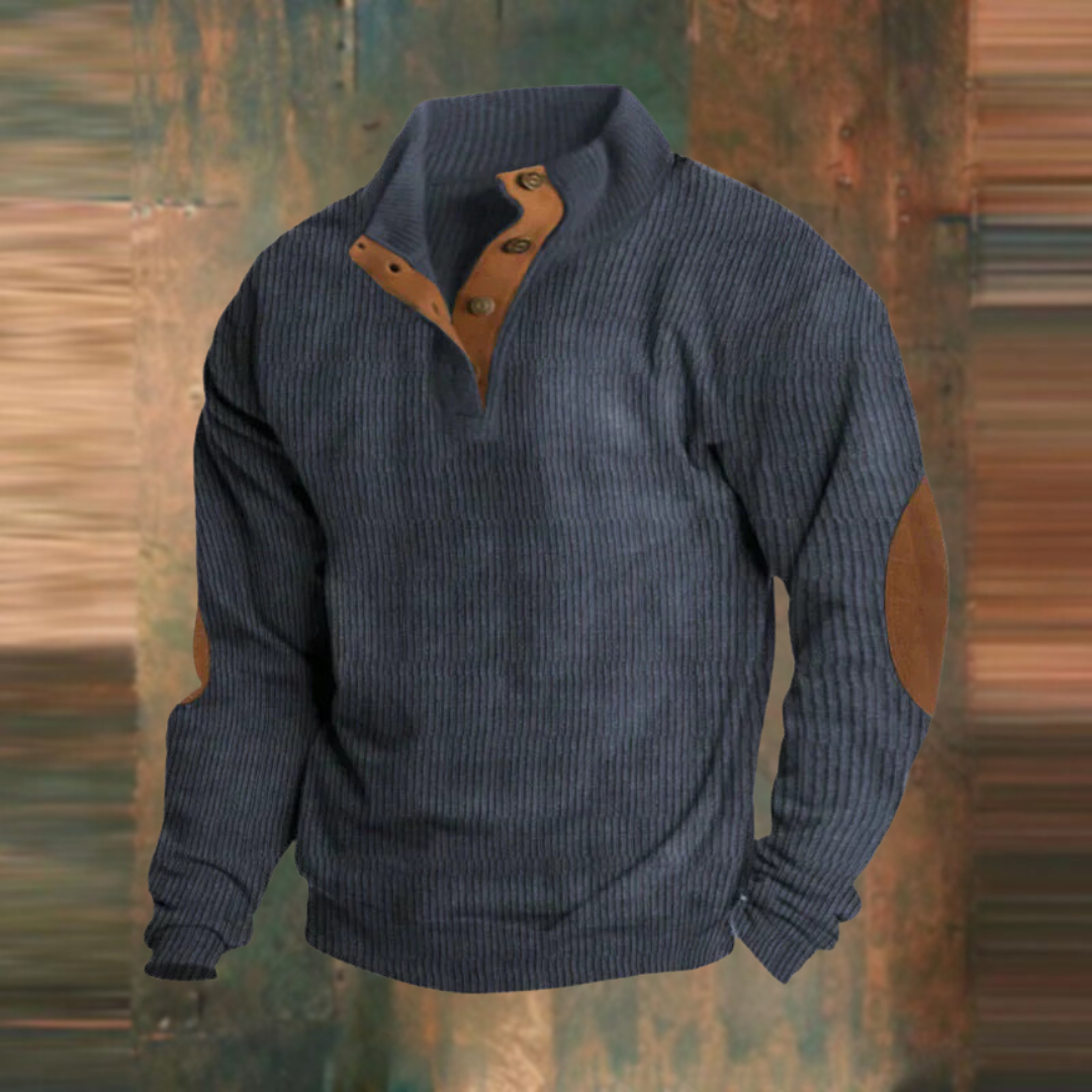 Men's ribbed jumper with stand collar, button placket and elbow patches