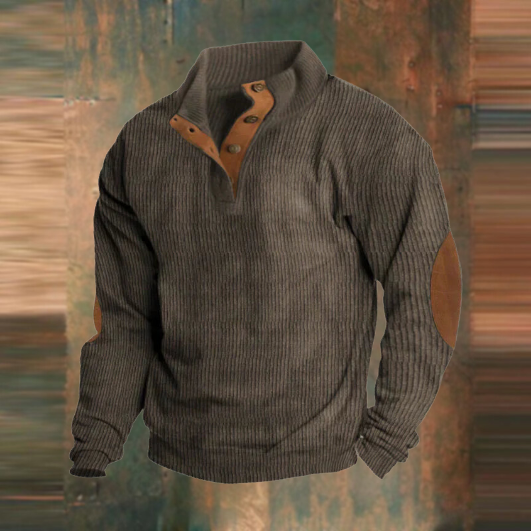 Men's ribbed jumper with stand collar, button placket and elbow patches