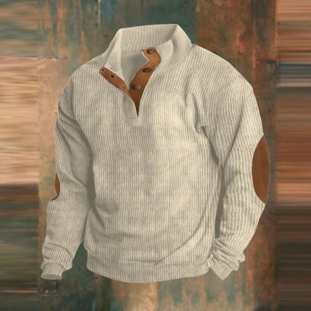 Men's ribbed jumper with stand collar, button placket and elbow patches