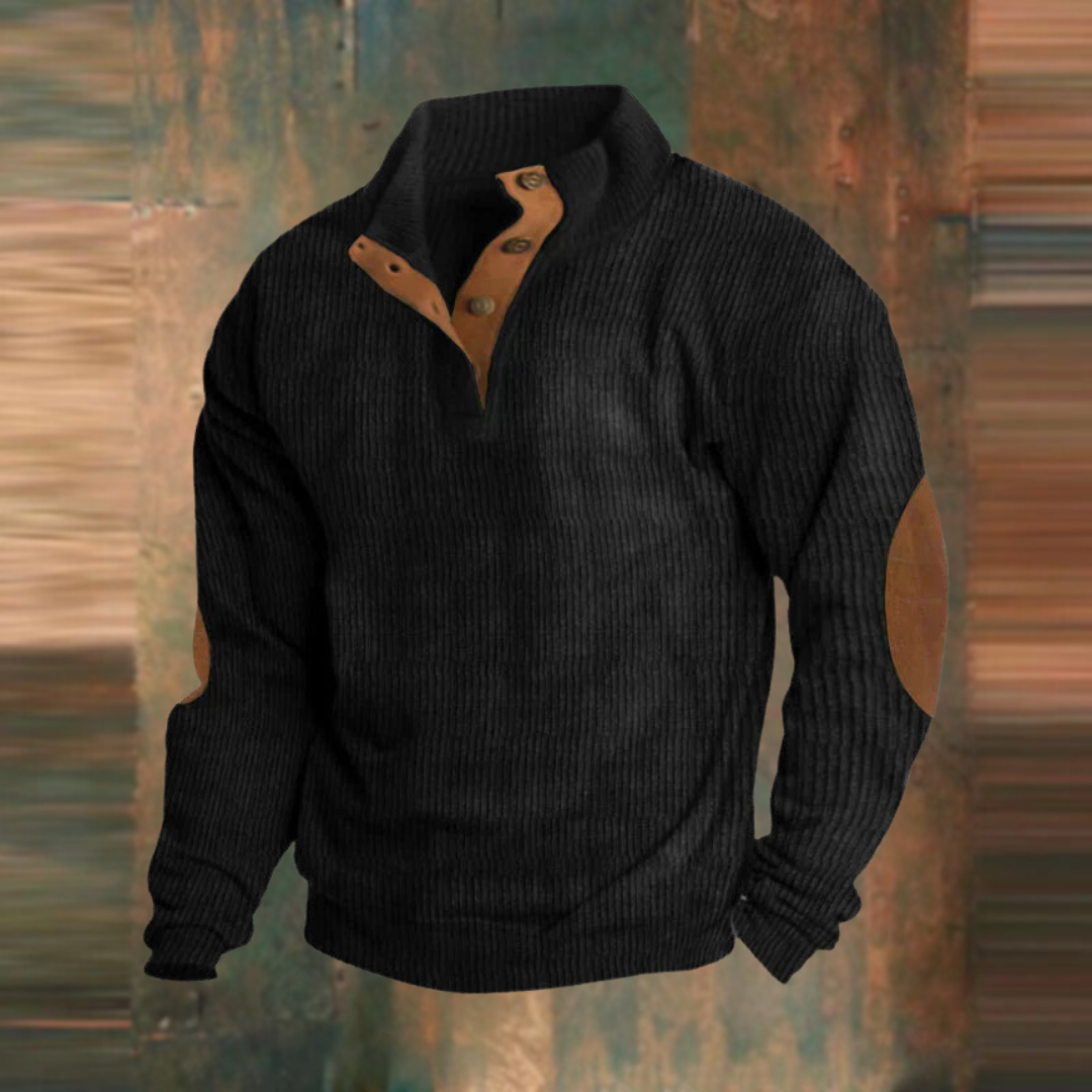 Men's ribbed jumper with stand collar, button placket and elbow patches