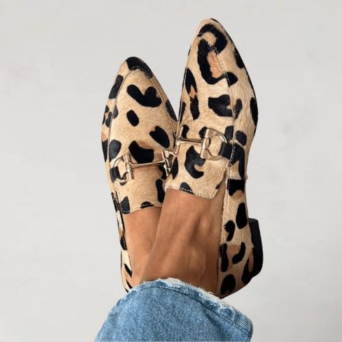 Women's animal print slip-on loafers with metal bar detail