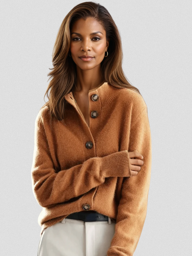 Women's button cardigan with ribbed trims and long sleeves