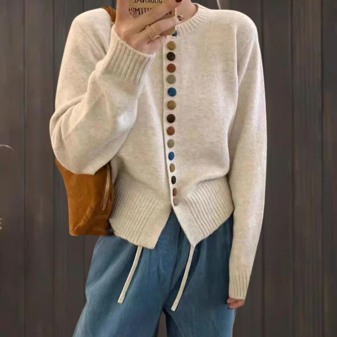 Women's long-sleeve button front cardigan with ribbed trims and multicoloured buttons