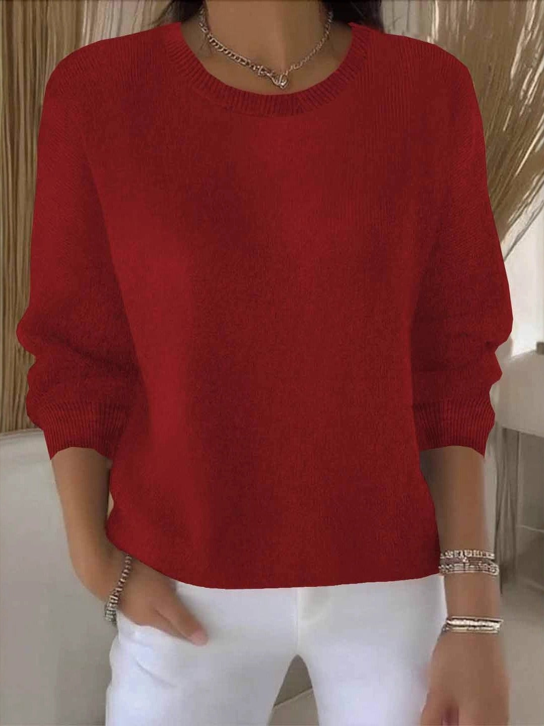 Women's plain crew neck jumper with long sleeves and ribbed trims