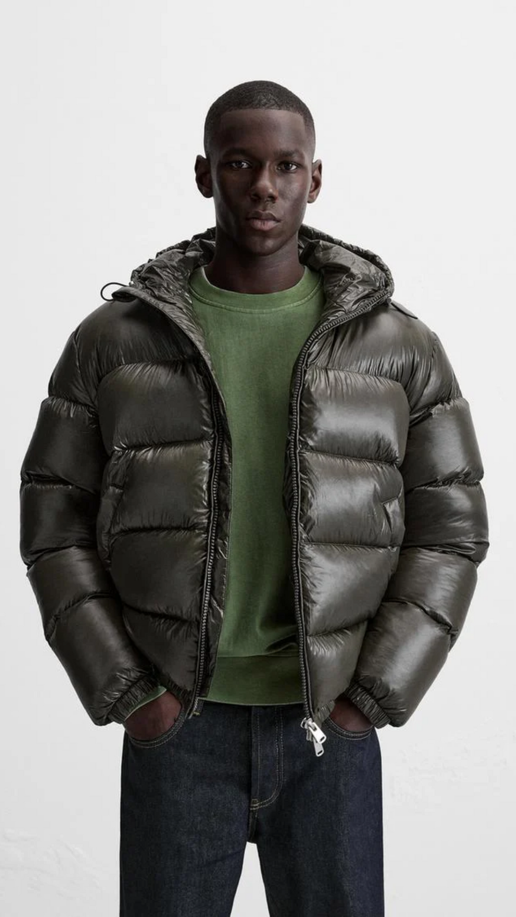Unisex hooded quilted puffer jacket with zip front
