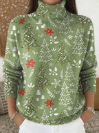 Green women's Christmas floral turtleneck jumper with long sleeves