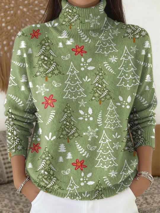Green women's Christmas floral turtleneck jumper with long sleeves