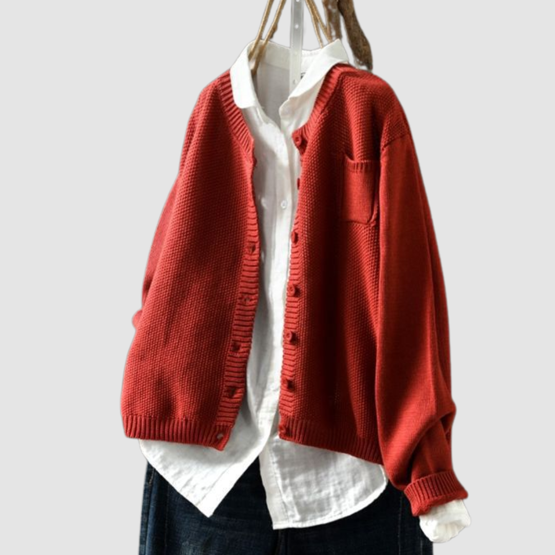 Women's textured knit cardigan with button front and chest pocket