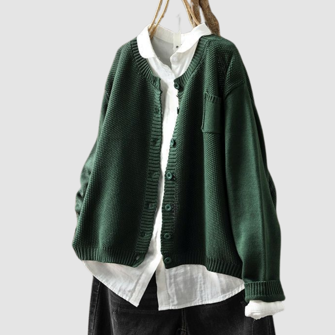 Women's textured knit cardigan with button front and chest pocket