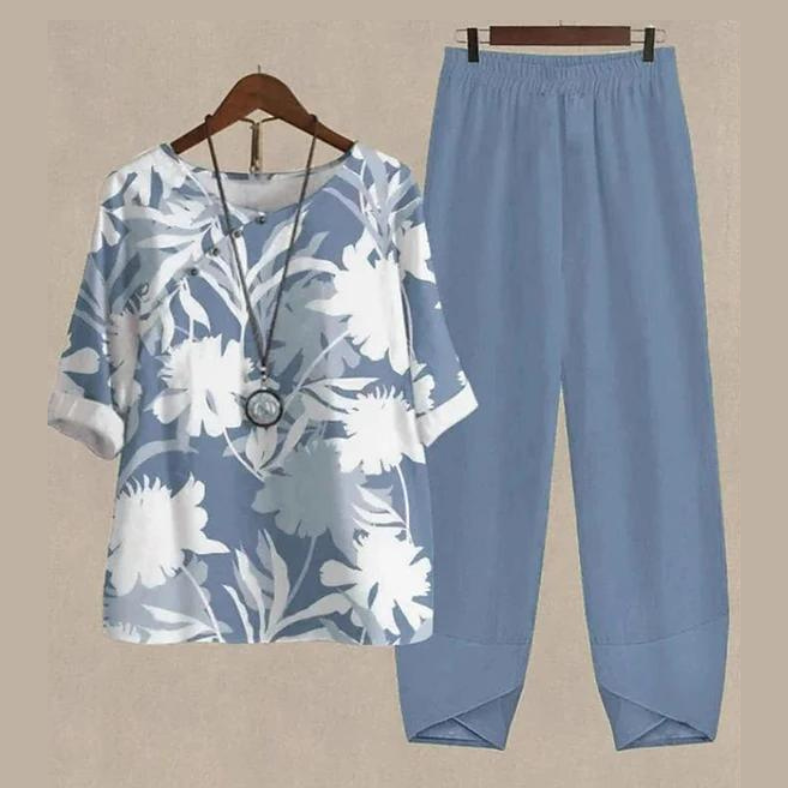 Women's patterned short-sleeve top and long trousers two-piece set