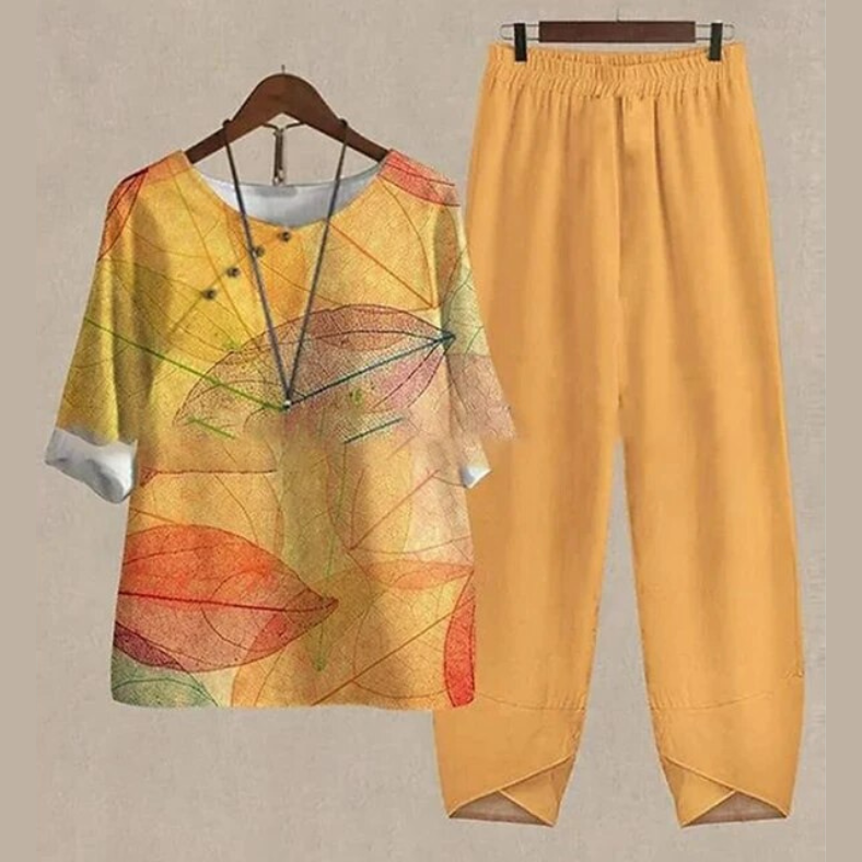 Women's patterned short-sleeve top and long trousers two-piece set