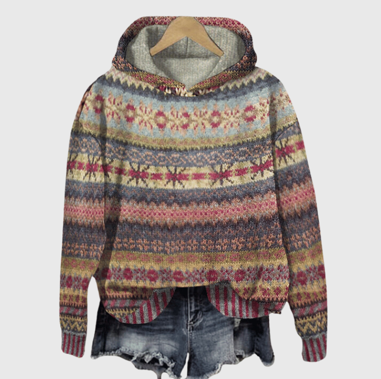 Women's multicoloured patterned hooded jumper with long sleeves and curved hem