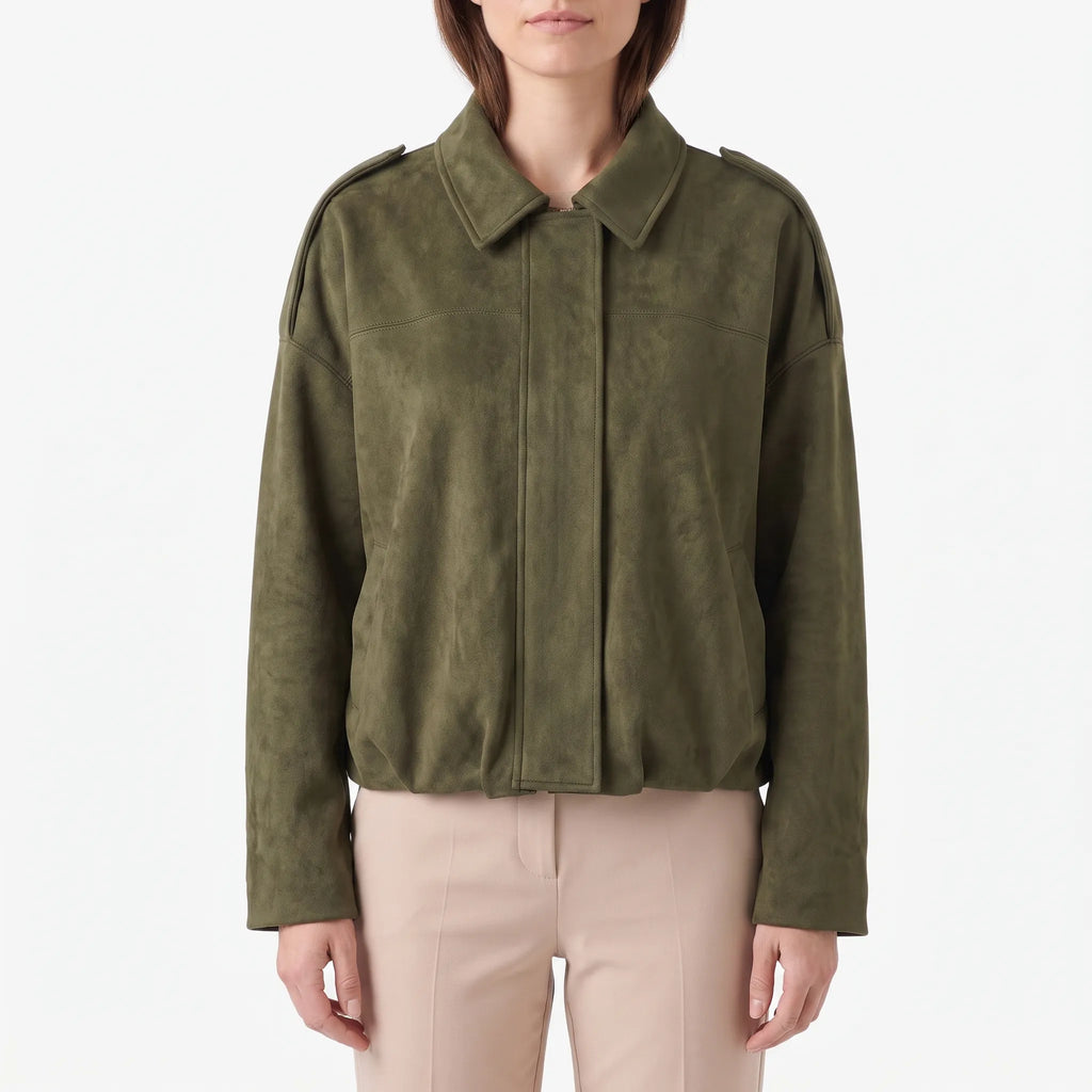 Women's oversized cropped collared jacket with long sleeves and zip front