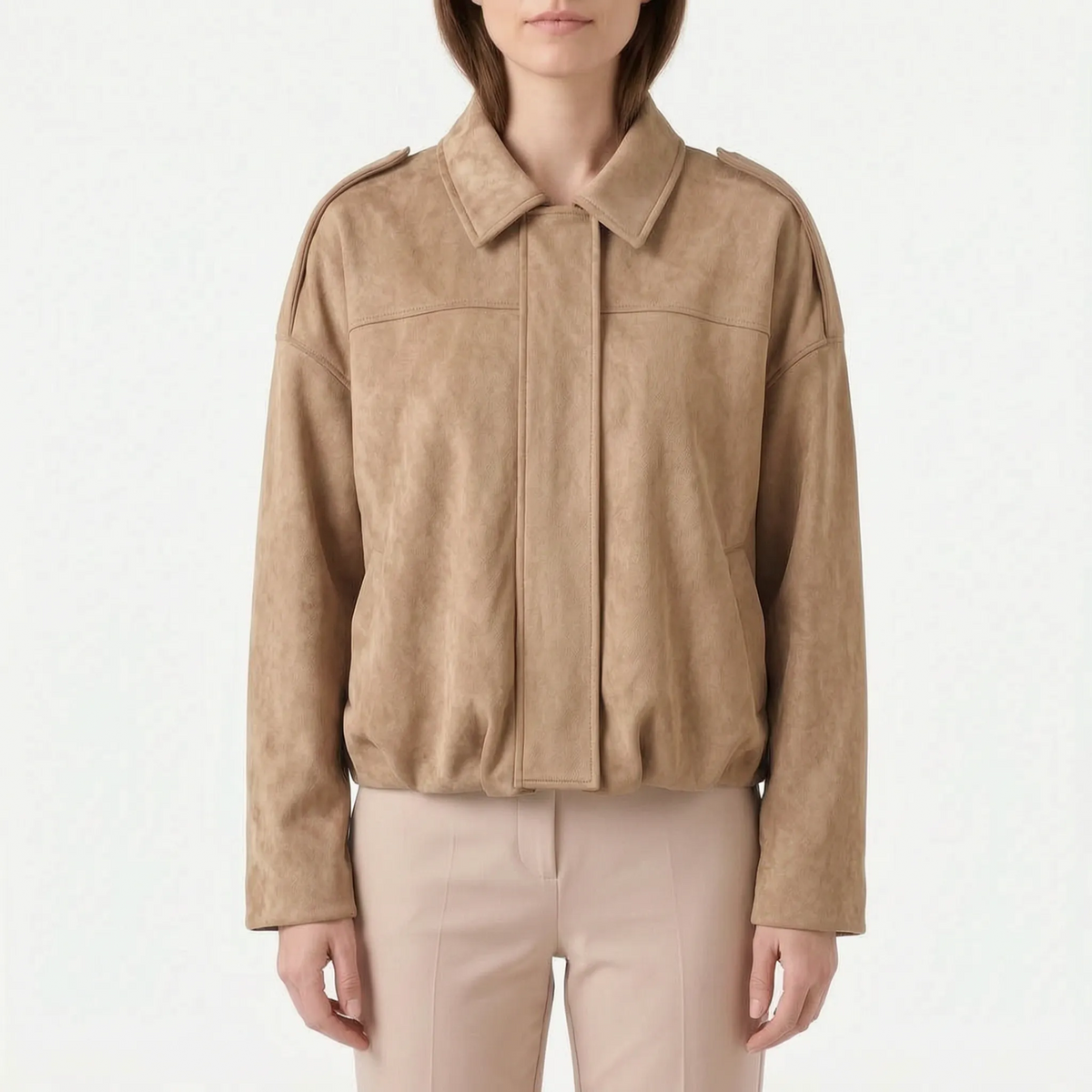 Women's oversized cropped collared jacket with long sleeves and zip front
