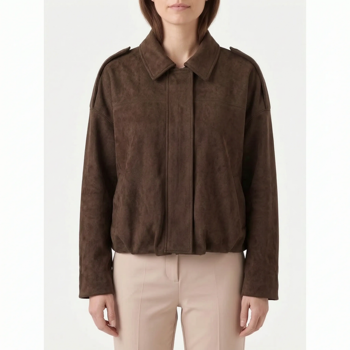 Women's oversized cropped collared jacket with long sleeves and zip front