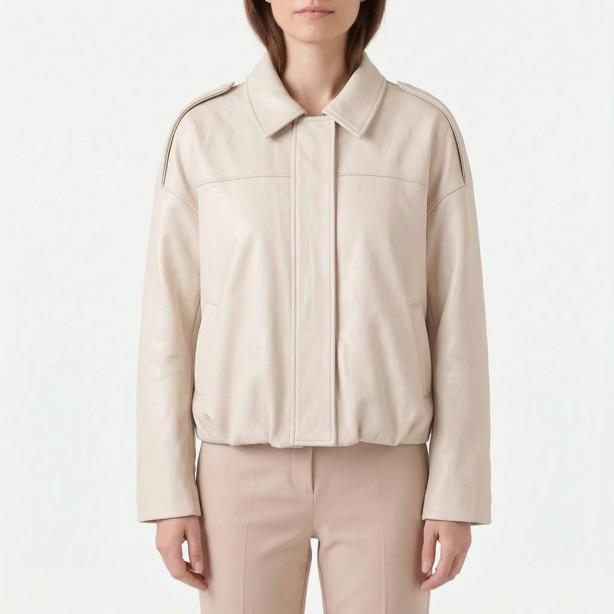 Women's oversized cropped collared jacket with long sleeves and zip front