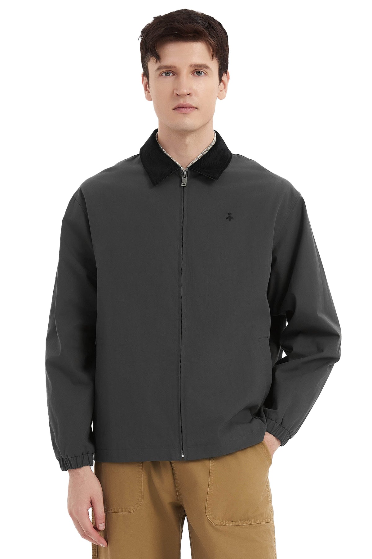Men's solid bomber jacket with collared neckline, zip front and long sleeves