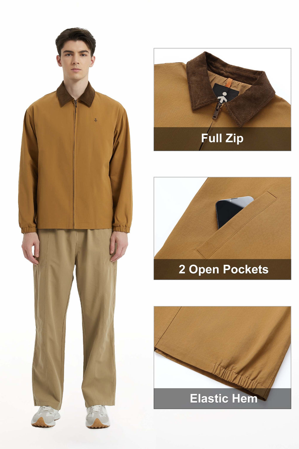 Men's solid bomber jacket with collared neckline, zip front and long sleeves