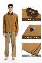 Men's solid bomber jacket with collared neckline, zip front and long sleeves