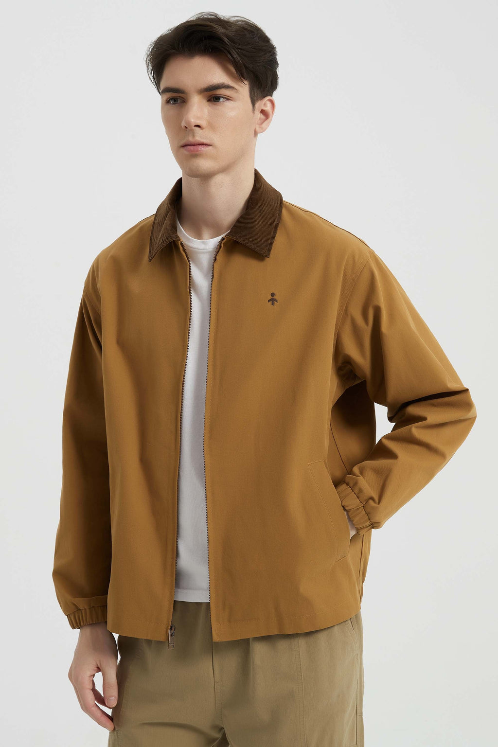 Men's solid bomber jacket with collared neckline, zip front and long sleeves